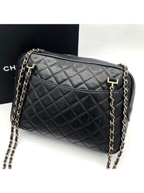Chanel Chain Shoulder Bag Lambskin CC Logo Quilted Black